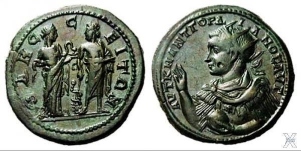 Римская монета с изображением Асклепи...