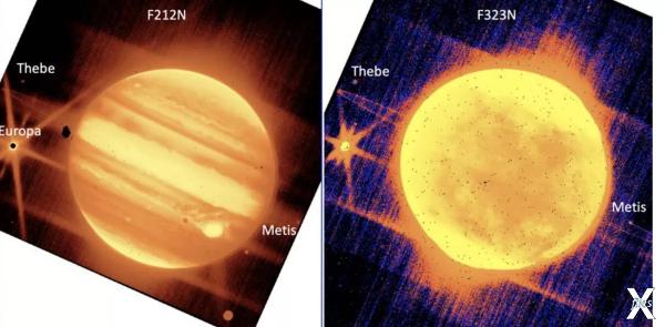 Слева: Юпитер через фильтр NIRCam Дже...