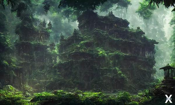 Иллюстрация затерянного храма в джунг...