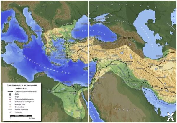 Карта империи Александра и его маршрут