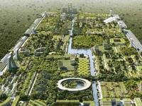 Самодостаточный эко-город будущего в окружении деревьев и растений