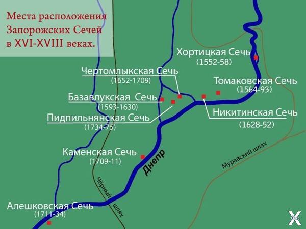 Запорожская Сечь в разные годы, карта...