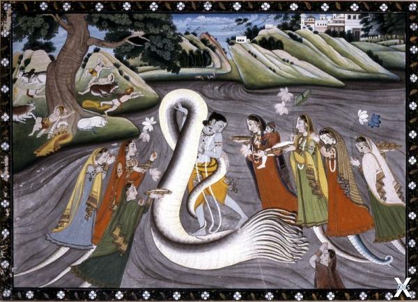 Кришна танцует на змее Калия, а жены ...