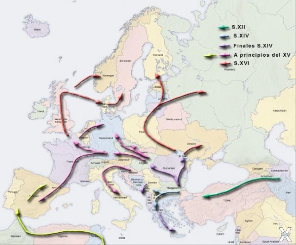 Карта миграций цыган в Европе