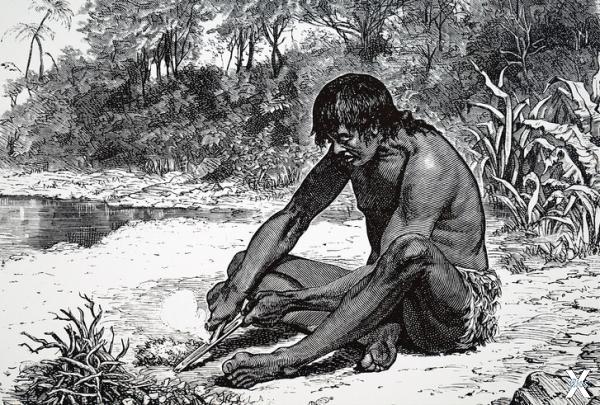 Абориген добывет огонь. Гравюра, XIX век