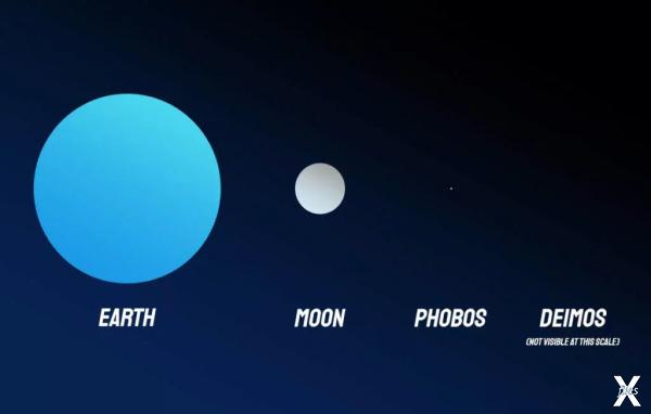 Сравнение размеров Луны, Фобоса и Дей...