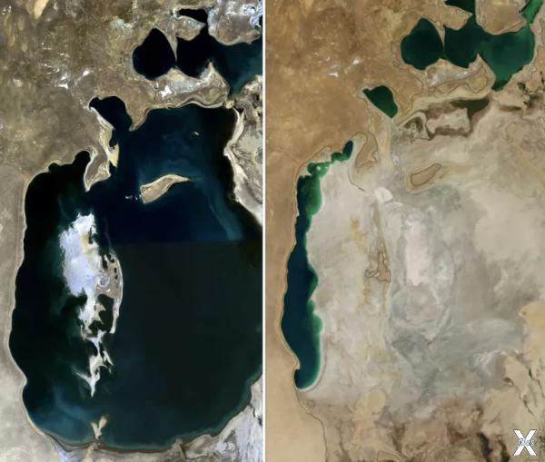 Аральское море в 1989 году (слева) и ...