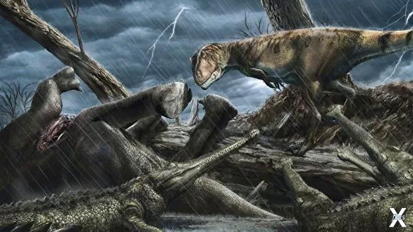 Гигантский кархародонтозавр (справа) ...