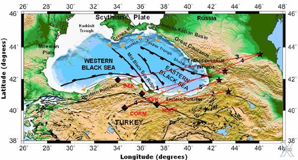 Тектоническая карта Чёрного моря с эп...