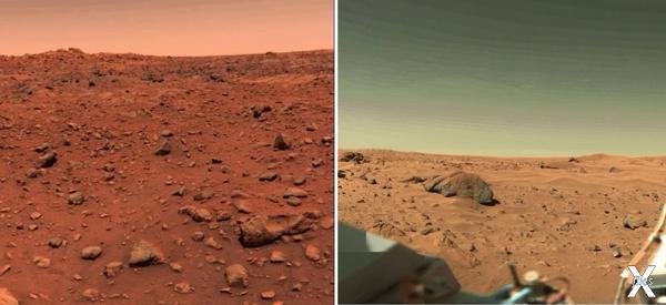 Слева ранний снимок Марса, справа сов...