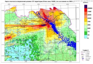 Карта плотности загрязнения цезием-137 территории 30-км зоны ЧАЭС (по состоянию на 1997 г.) 