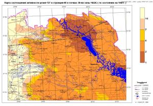 Карта соотношения активности цезия-137 и стронция-90 в почвах 30-км зоны ЧАЭС (на 1997 г.)